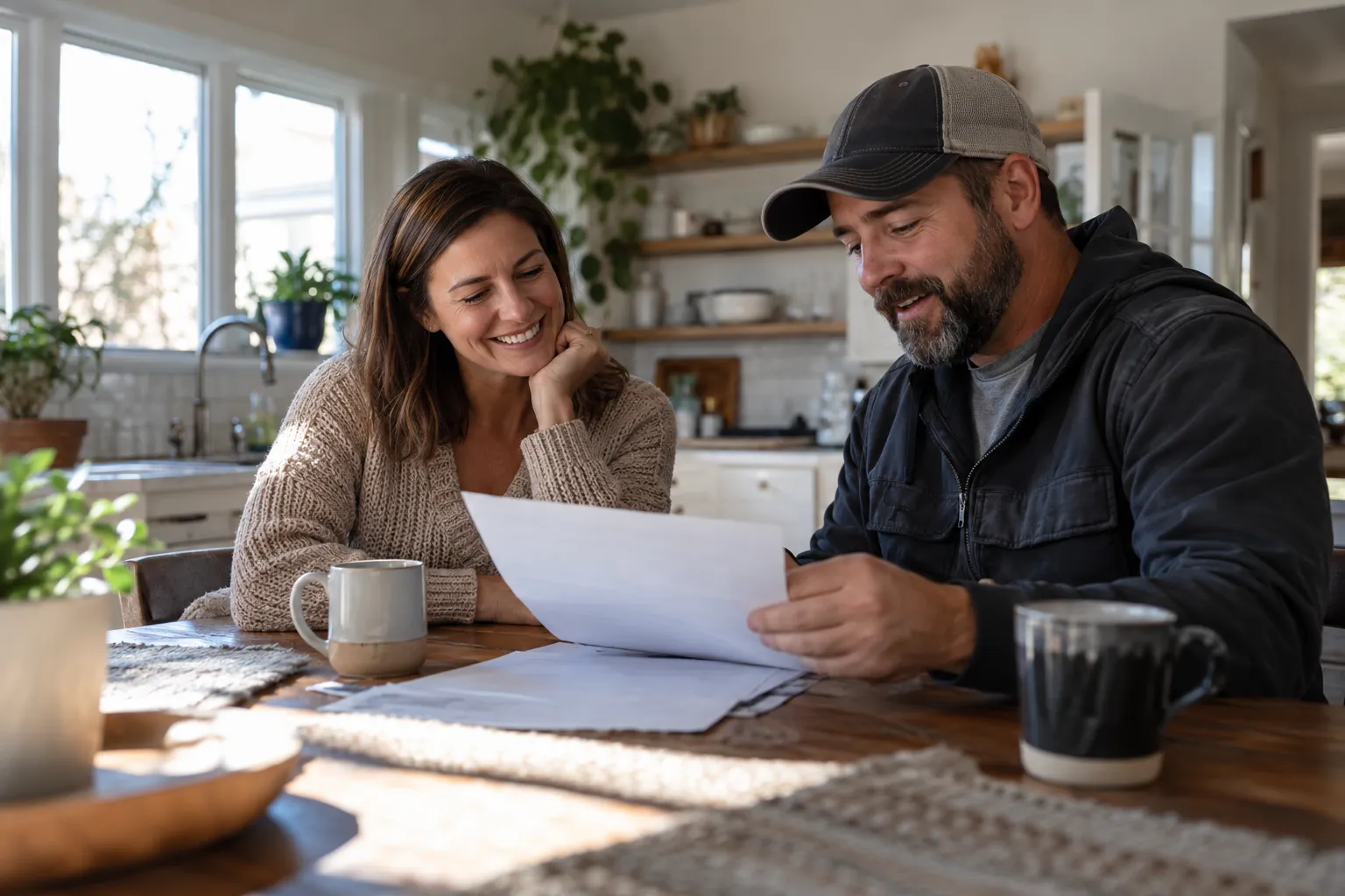 A homeowner reviewing a written roofing quote at a kitchen table