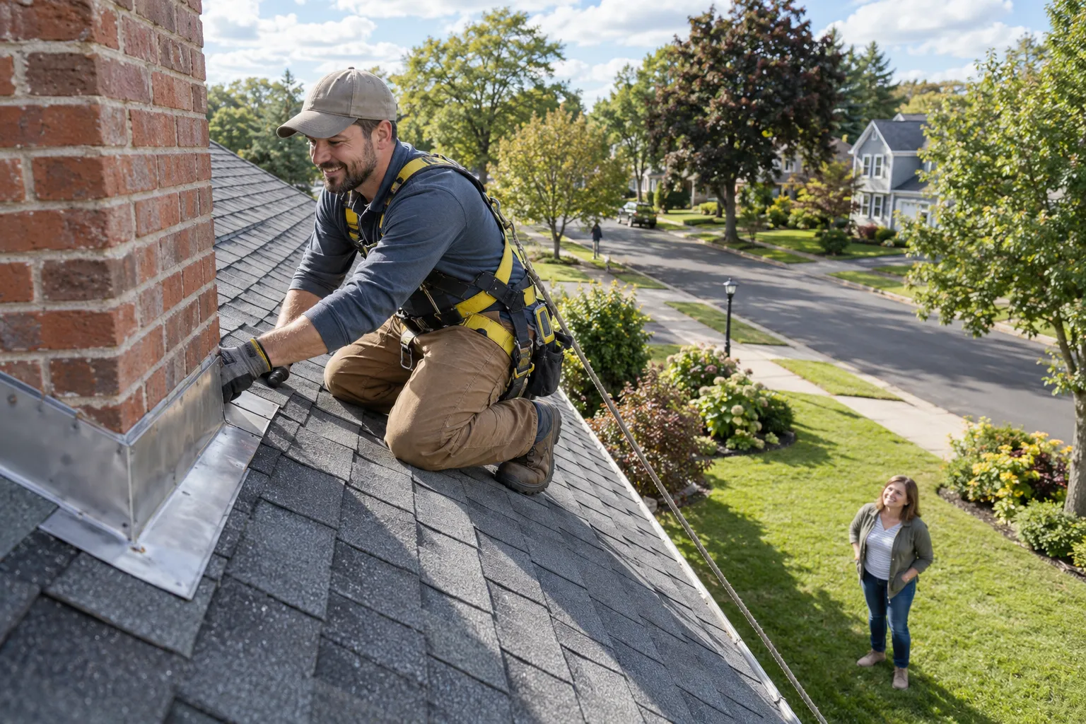 Friendly roofer on a ladder inspecting shingles on a Kansas City home